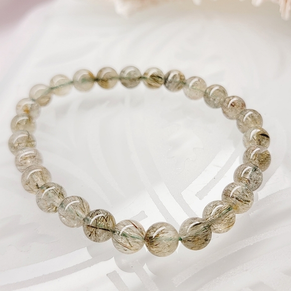 Natural Green Tourmaline Hair Rutilated Crystal Beads Stretch Bracelet Set - Picture 7 of 8